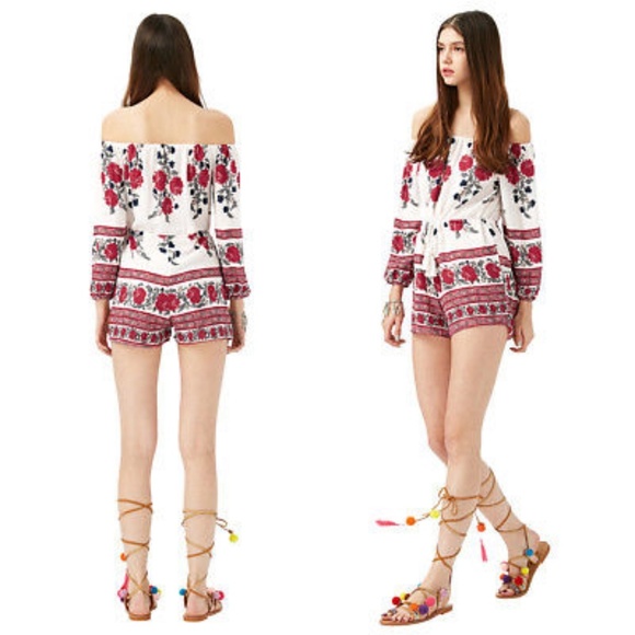 Off Shoulder Long Sleeve Red Floral Chiffon Romper - Picture 2 of 8